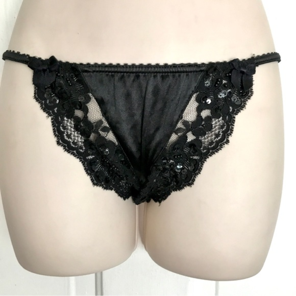 Vintage 90’s Victoria’s Secret Sequin and Beaded Satin Black String‎ Bikini CTRR